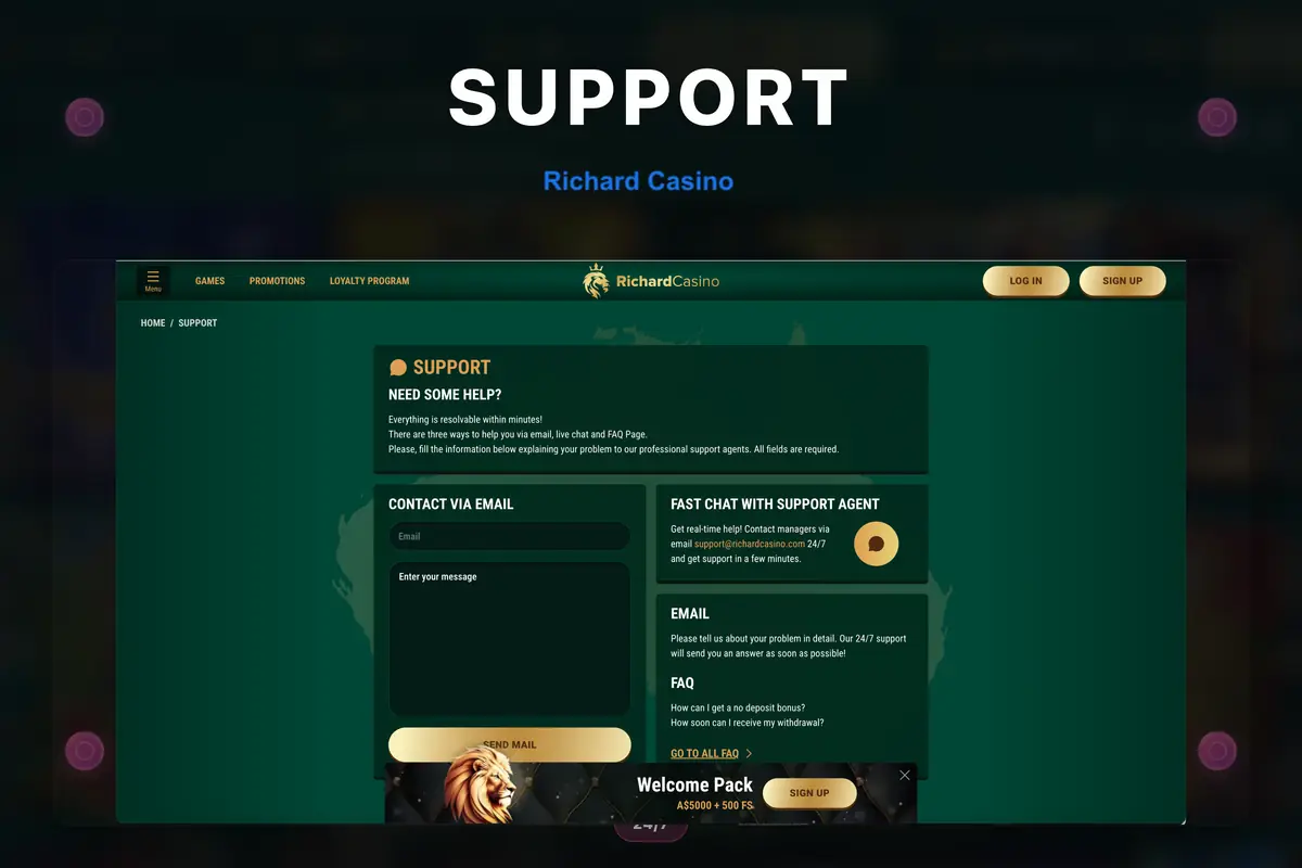 Richard Casino support — 24/7 live chat and email for Australian players.